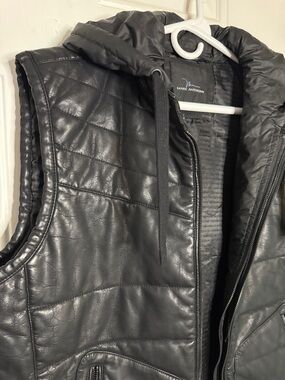 Marc Anthony Black Quilted Faux Leather Hooded Motorcycle Vest with Zipperpkts